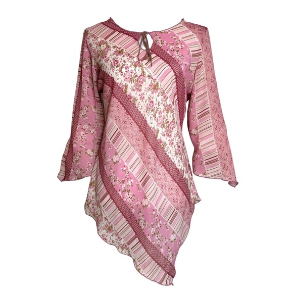 Vintage Pink Floral Asymmetric Sheer Tunic Top Fairy Grunge Fashion Bug Size S - Picture 3 of 11